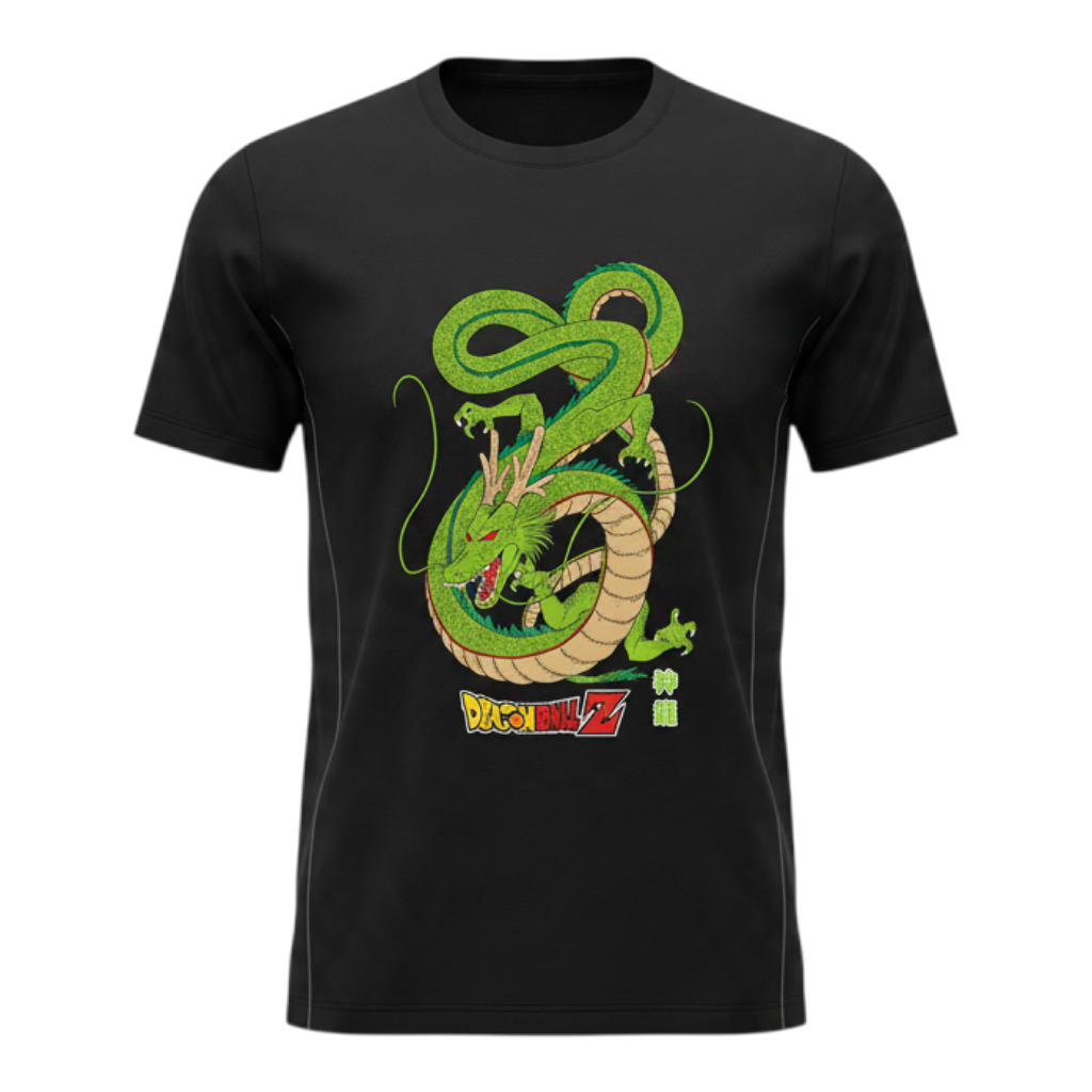 Fans Geek Store black cotton t-shirt featuring a green Shenron dragon graphic from Dragon Ball Z