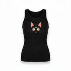 Fans Geek Store black Sailor Moon tank top featuring a minimalist graphic of Luna the cat with a crescent moon symbol.