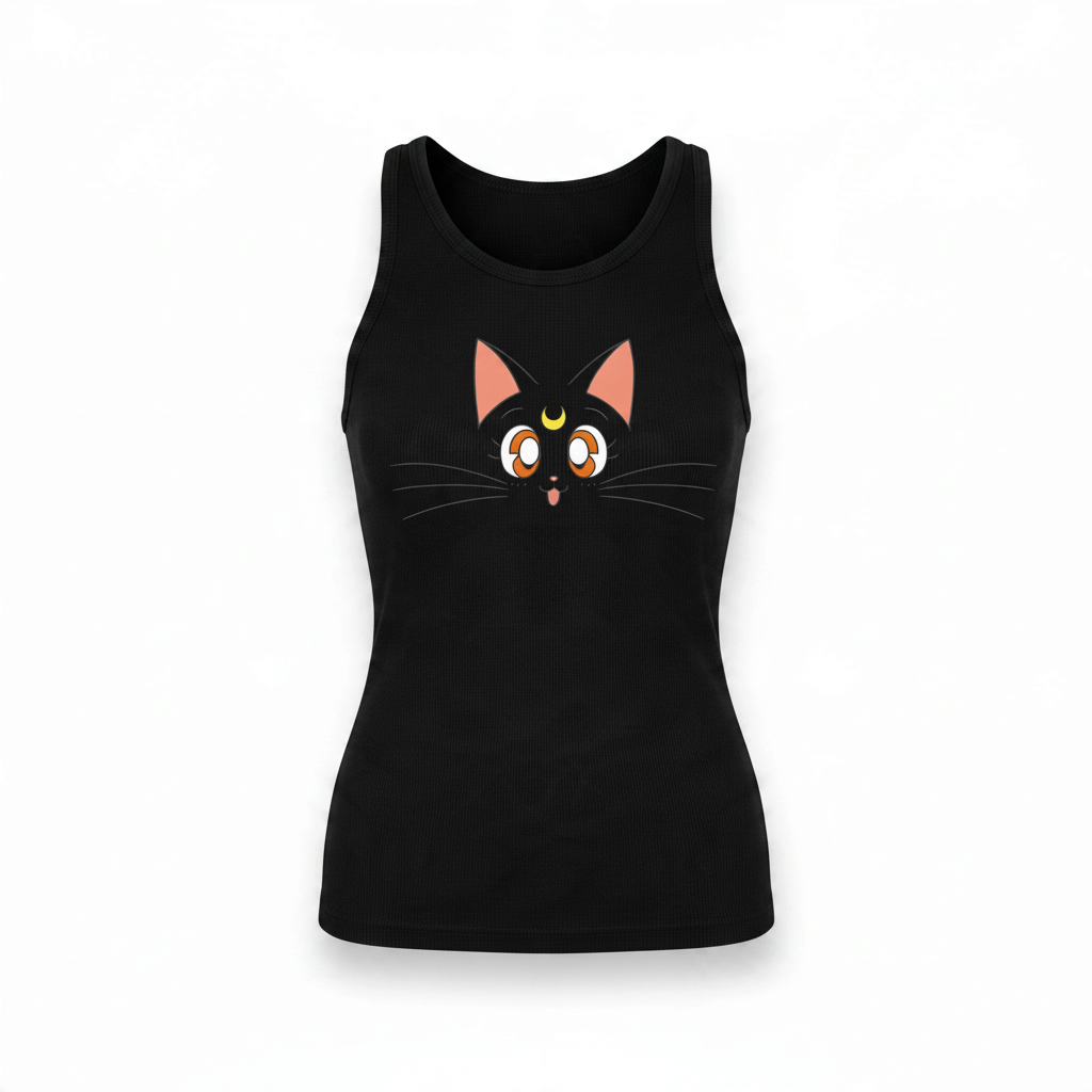 Fans Geek Store black Sailor Moon tank top featuring a minimalist graphic of Luna the cat with a crescent moon symbol.