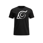 Fans Geek Store black Naruto Shippuden cotton t-shirt featuring a white distressed Konoha village emblem print.