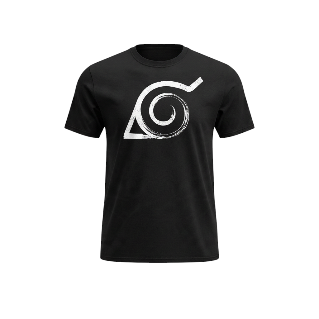 Fans Geek Store black Naruto Shippuden cotton t-shirt featuring a white distressed Konoha village emblem print.