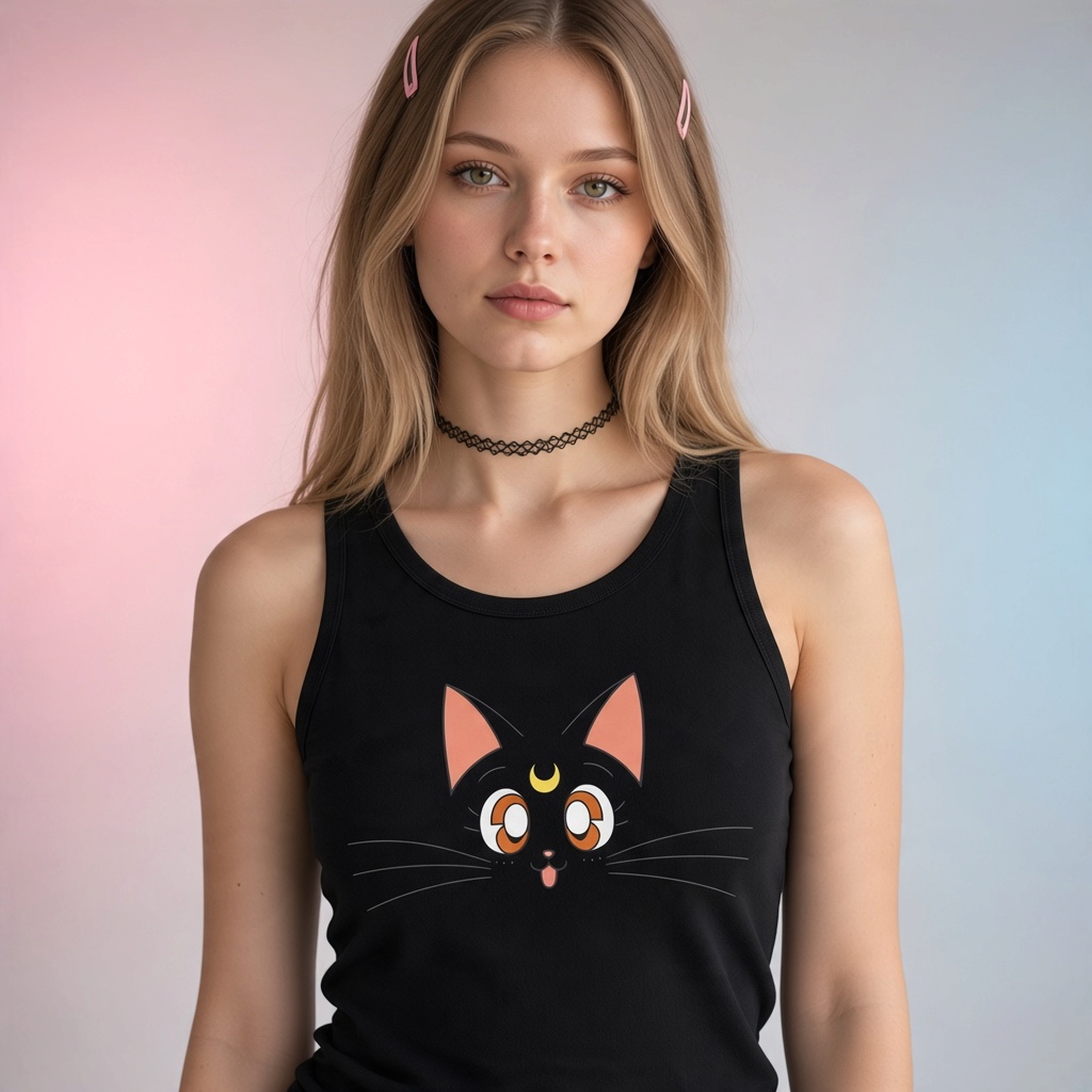 Fans Geek Store black Sailor Moon tank top featuring Luna the cat face, worn by a woman with a black choker.