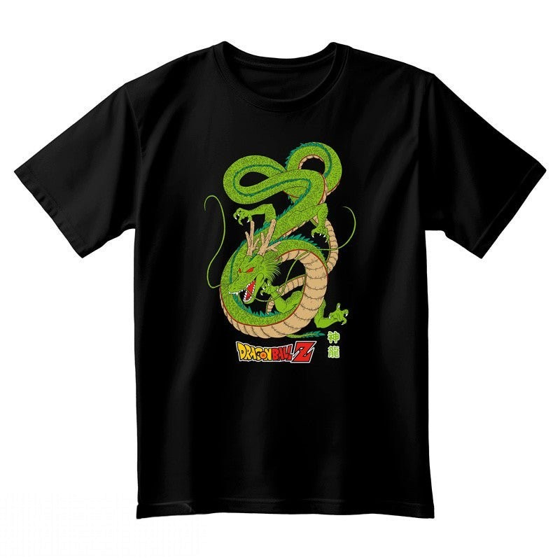 Fans Geek Store black cotton Dragon Ball T-shirt featuring a large green Shenron dragon graphic and logo