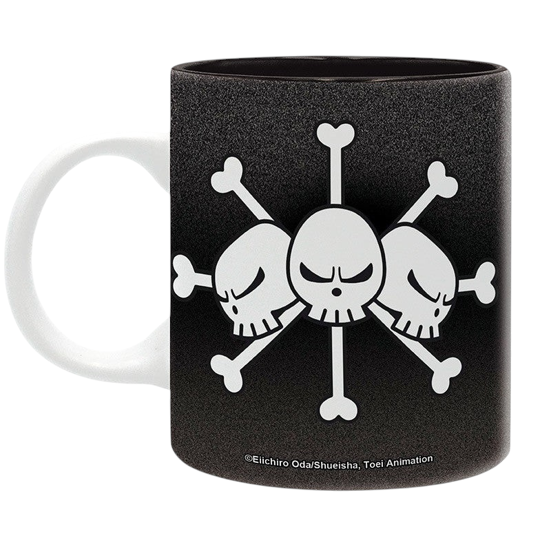 Fans Geek Store One Piece Blackbeard ceramic mug featuring the three-skull pirate flag design on a black background