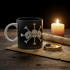 Fans Geek Store black ceramic One Piece mug featuring the Blackbeard Pirates skull logo on a wooden table with candle