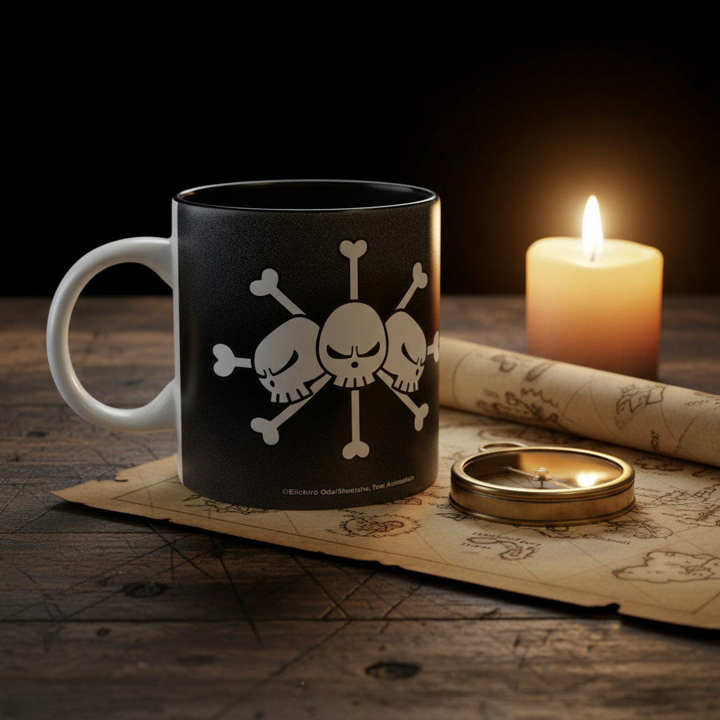 Fans Geek Store black ceramic One Piece mug featuring the Blackbeard Pirates skull logo on a wooden table with candle