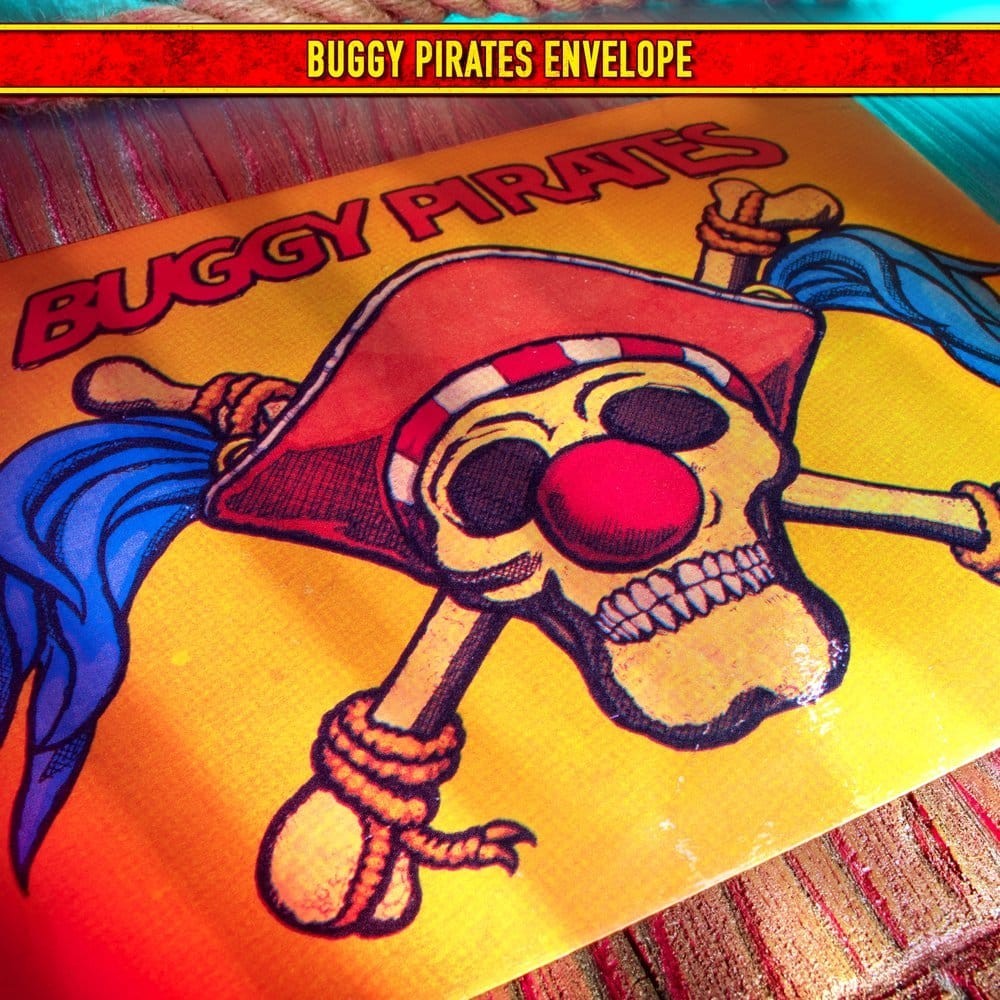 Fans Geek Store One Piece Buggy Pirates themed envelope featuring a skull with a red nose and pirate hat illustration