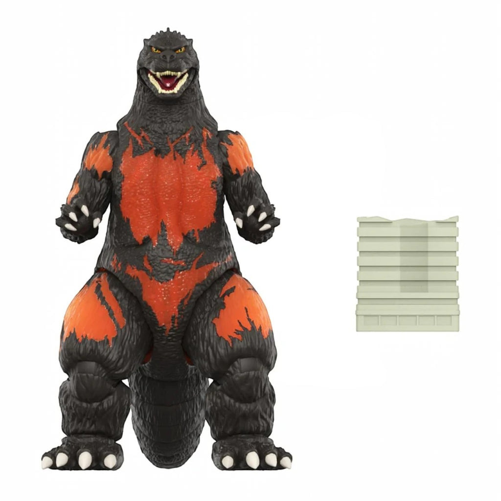 Fans Geek Store Burning Godzilla '95 vinyl action figure with orange and red glowing details and building accessory.