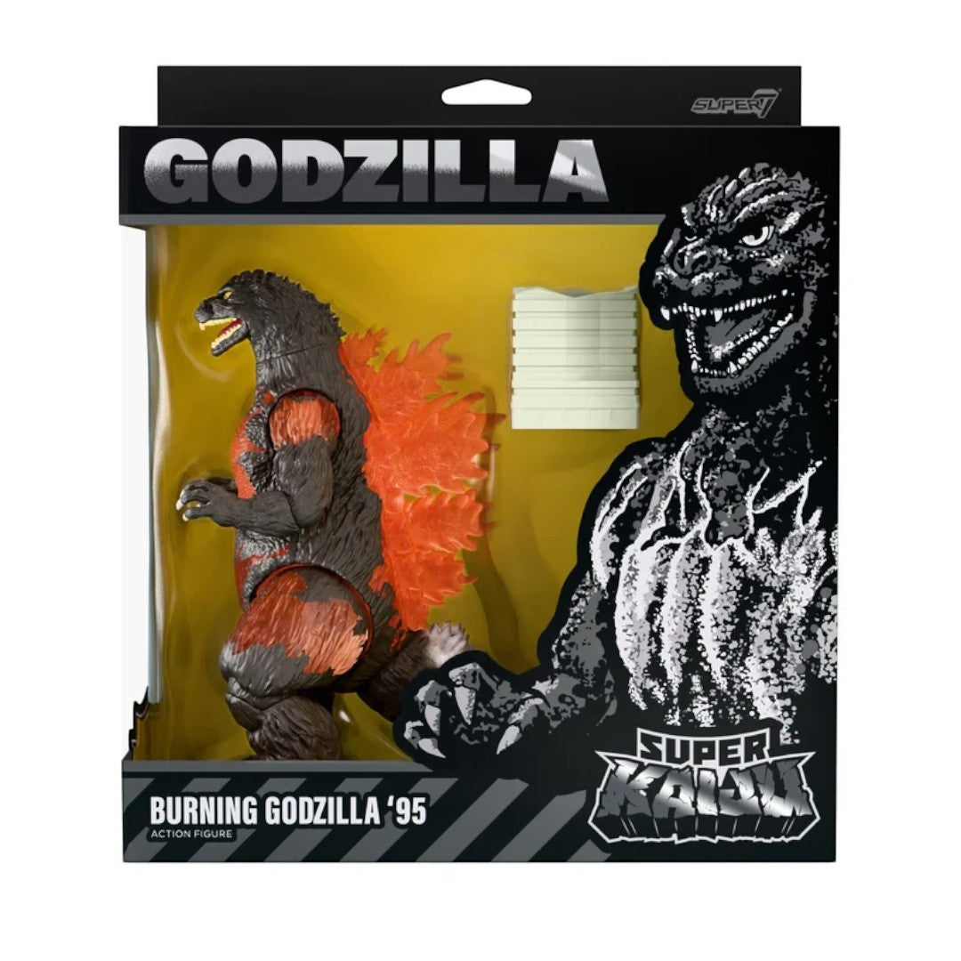 Fans Geek Store Burning Godzilla '95 vinyl action figure from Super7 Wave 02 in window display box packaging.
