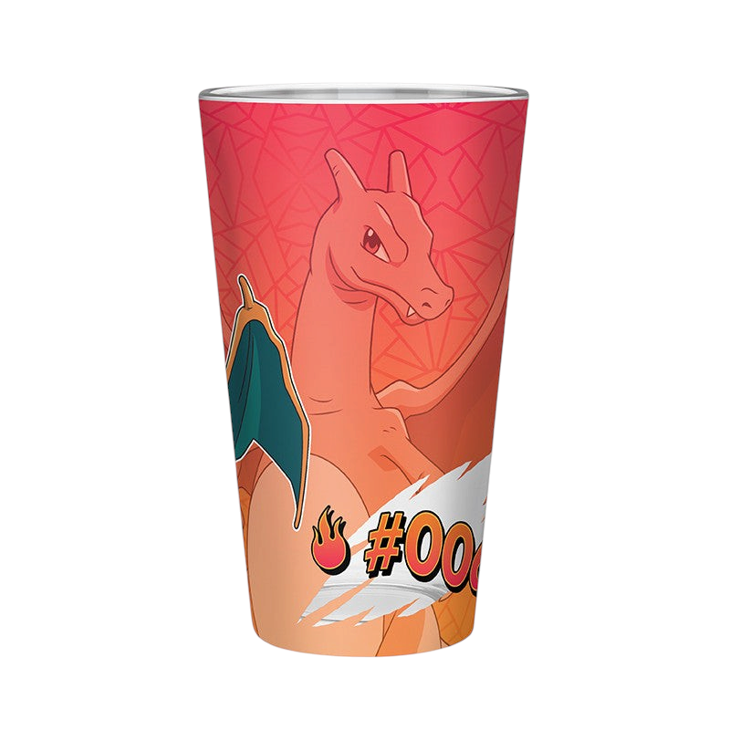 Fans Geek Store 400ml glass featuring a vibrant orange Charizard illustration from Pokémon on a red background