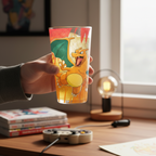 Fans Geek Store 400ml glass featuring a colourful Charizard illustration held in a hand on a gaming desk