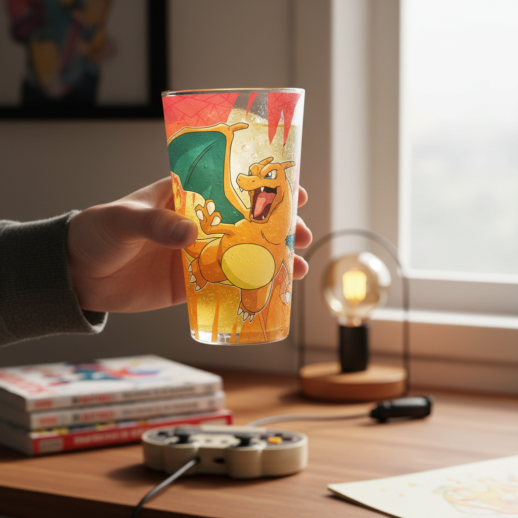 Fans Geek Store 400ml glass featuring a colourful Charizard illustration held in a hand on a gaming desk