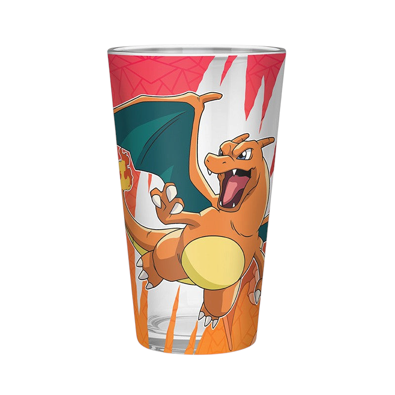 Fans Geek Store 400ml glass featuring a vibrant Charizard illustration with orange and red flame-inspired graphics.