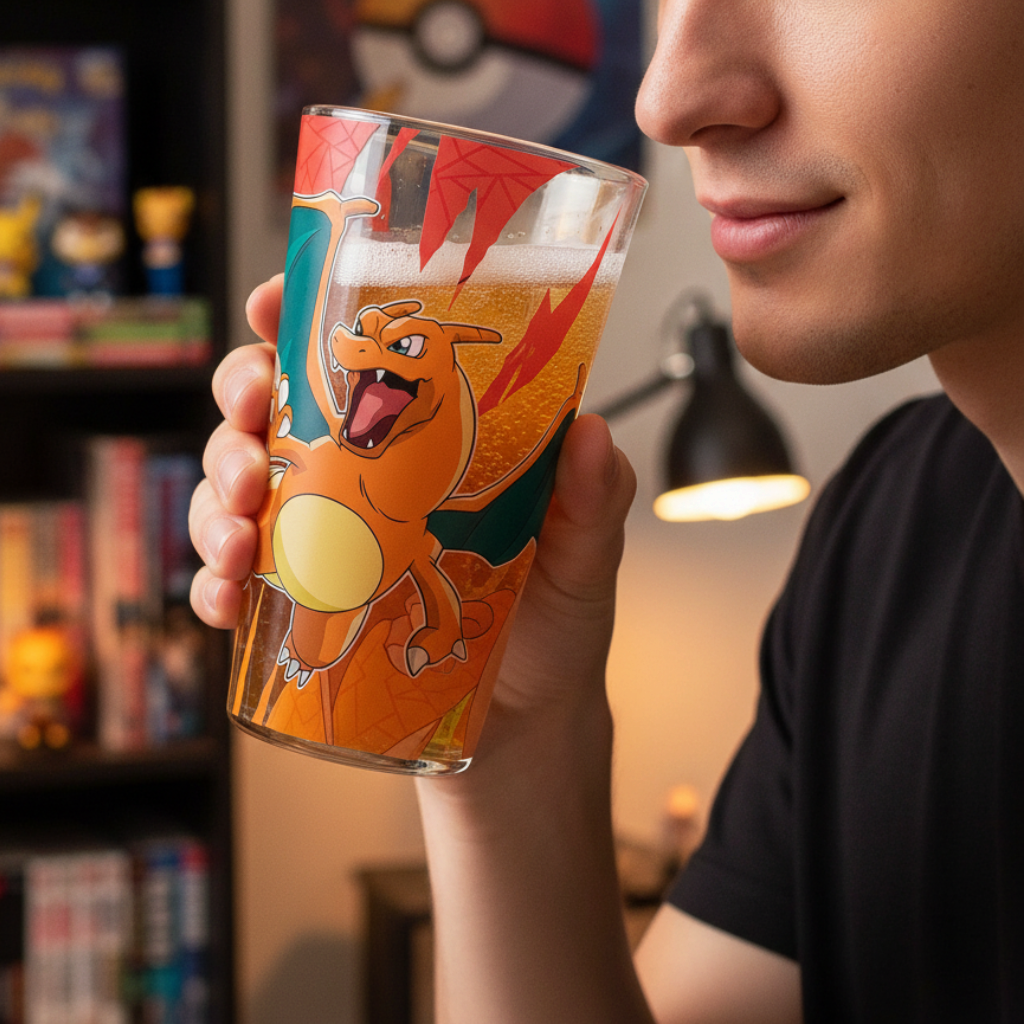 Fans Geek Store 400ml glass featuring a vibrant Charizard illustration held by a person in a gaming room setting.