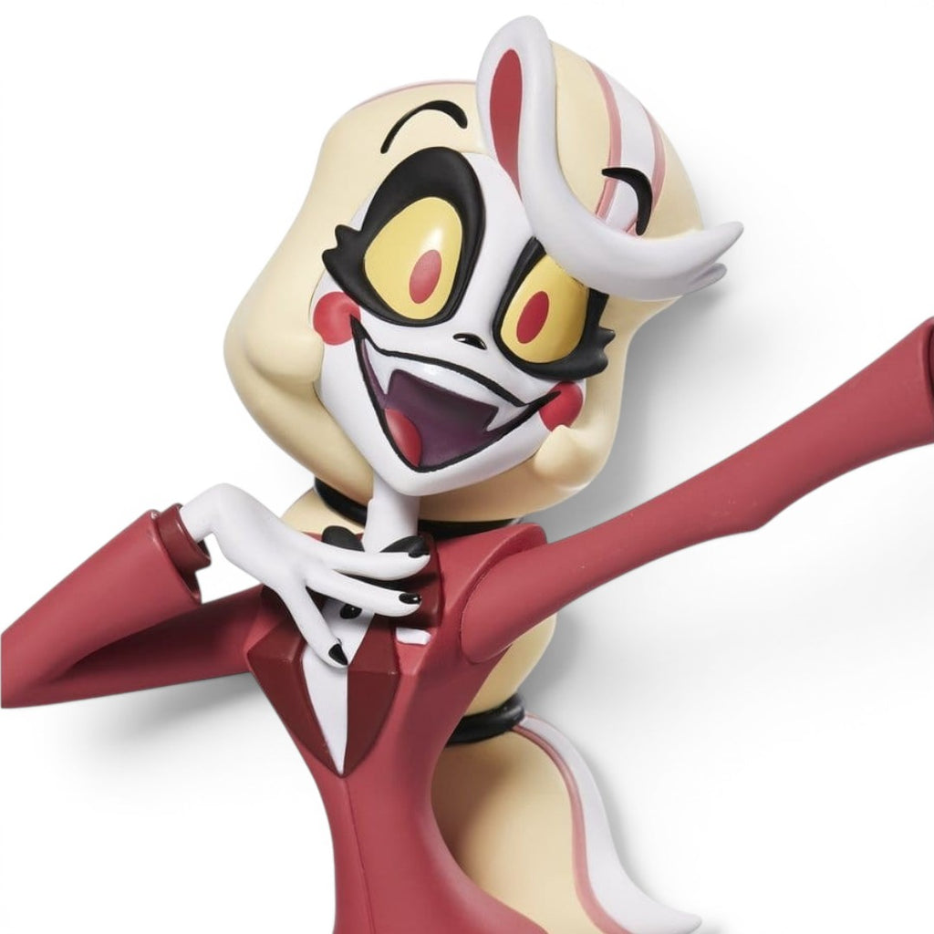 Fans Geek Store 24cm Charlie Morningstar PVC statue from Hazbin Hotel featuring her iconic red suit and blonde hair.