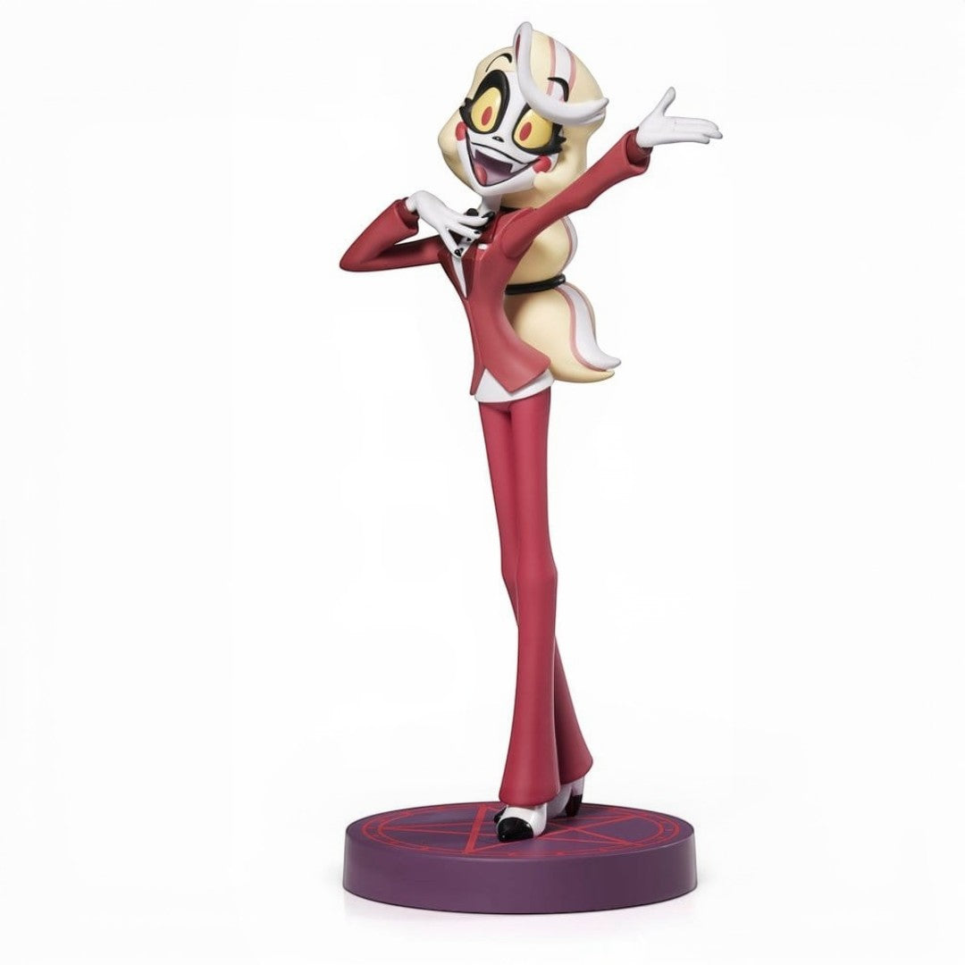 Fans Geek Store 24cm Charlie Morningstar PVC statue from Hazbin Hotel in a red suit on a pentagram base.