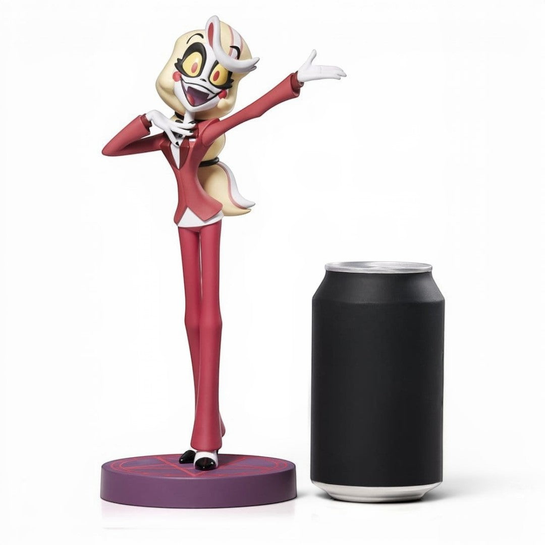Fans Geek Store 24cm PVC statue of Charlie Morningstar from Hazbin Hotel, featuring her signature red suit and base.
