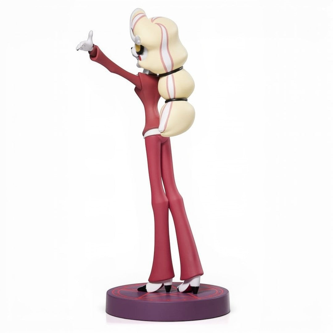 Fans Geek Store 24 cm Numskull PVC statue of Charlie Morningstar from Hazbin Hotel in a red suit on a circular base.