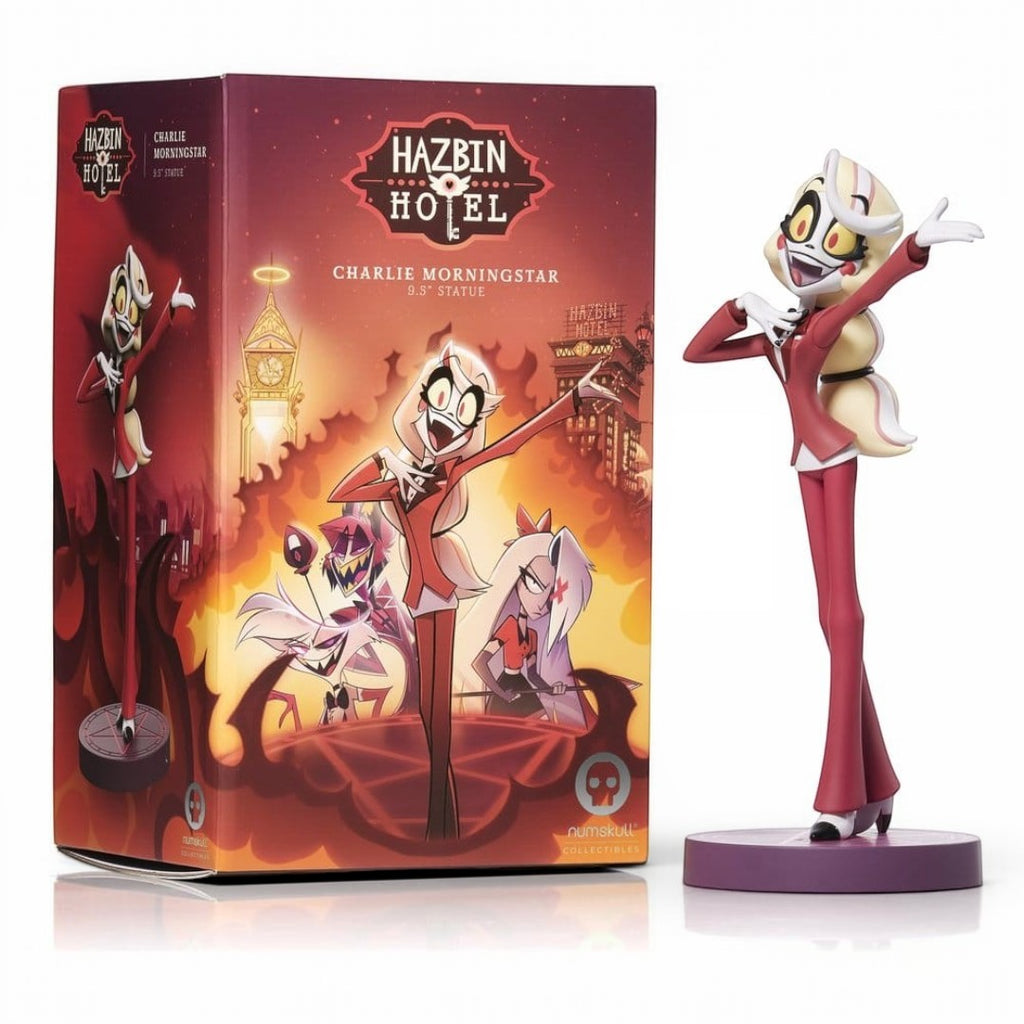 Fans Geek Store 24cm Charlie Morningstar PVC statue from Hazbin Hotel, featuring her in a red suit with display box.