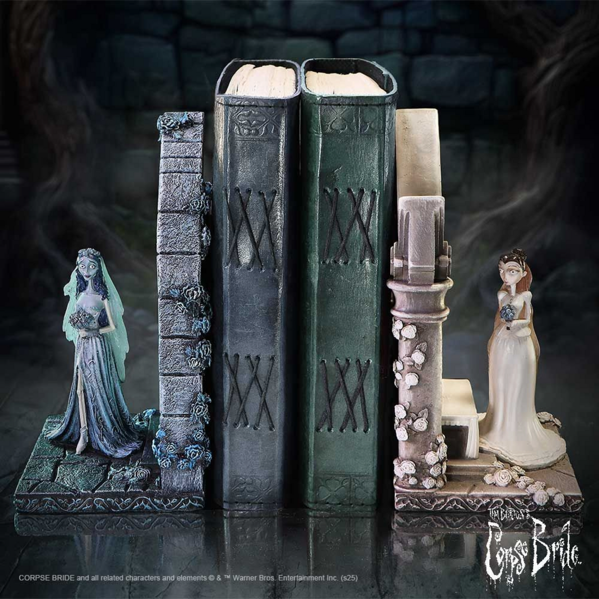 Fans Geek Store Corpse Bride Emily and Victoria hand-painted resin bookends set featuring gothic floral details