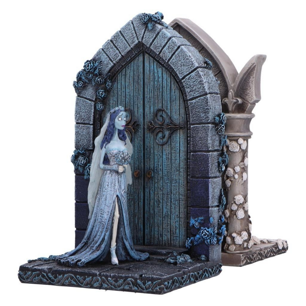 Fans Geek Store Corpse Bride Emily resin bookend featuring a detailed gothic archway and hand-painted blue dress