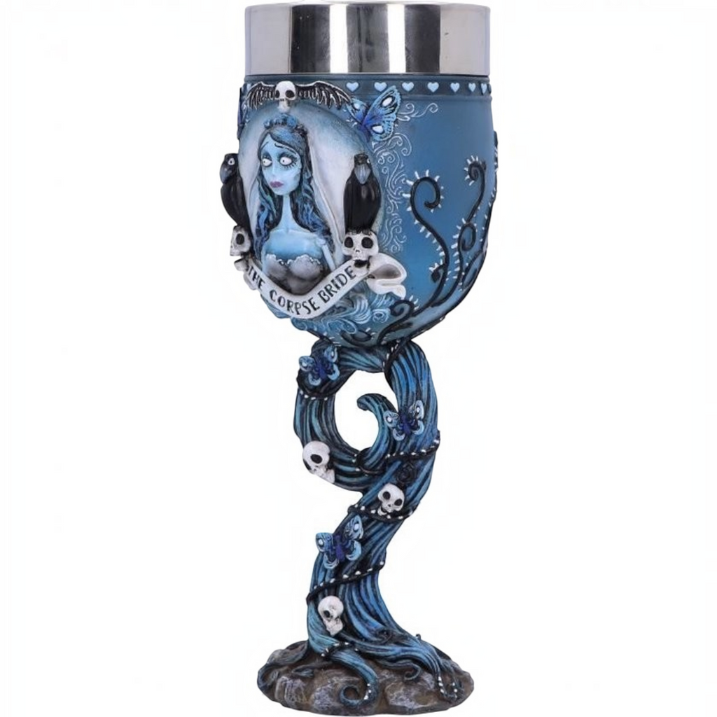 Fans Geek Store Corpse Bride goblet featuring Emily, crows, blue butterflies, and skulls in hand-painted resin.