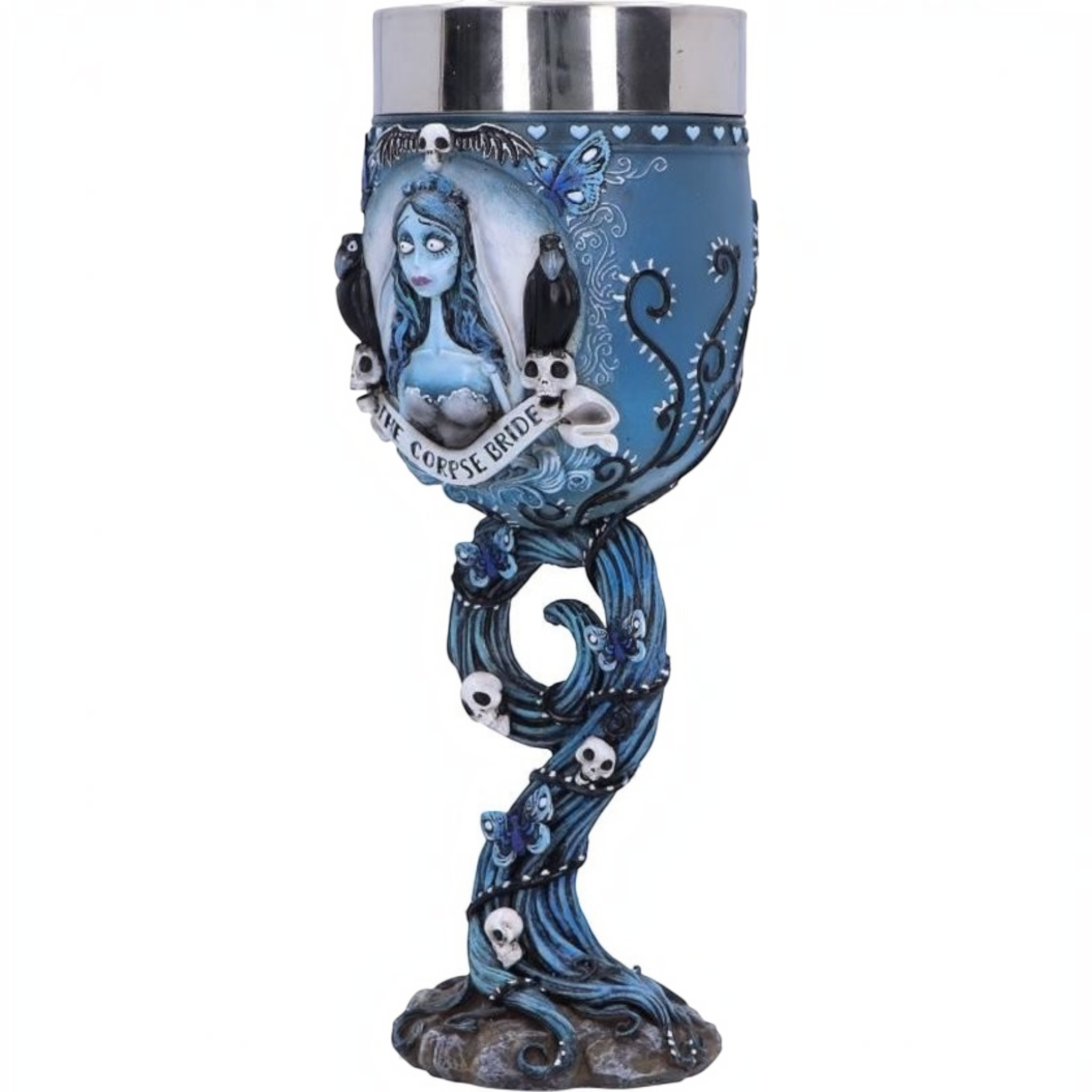 Fans Geek Store Corpse Bride goblet featuring Emily, crows, blue butterflies, and skulls in hand-painted resin.