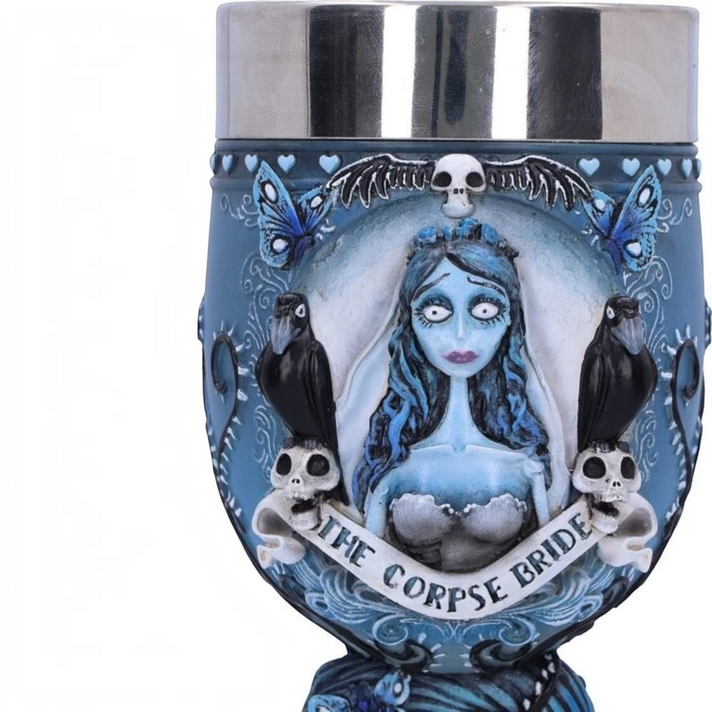 Fans Geek Store Corpse Bride goblet featuring Emily, crows, and blue butterflies in hand-painted resin