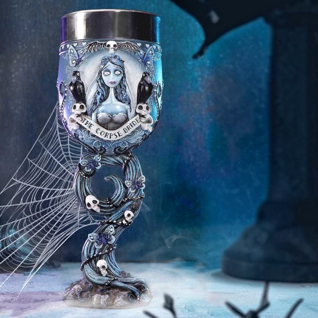 Fans Geek Store Corpse Bride goblet featuring Emily, crows, blue butterflies, and skulls in hand-painted resin.