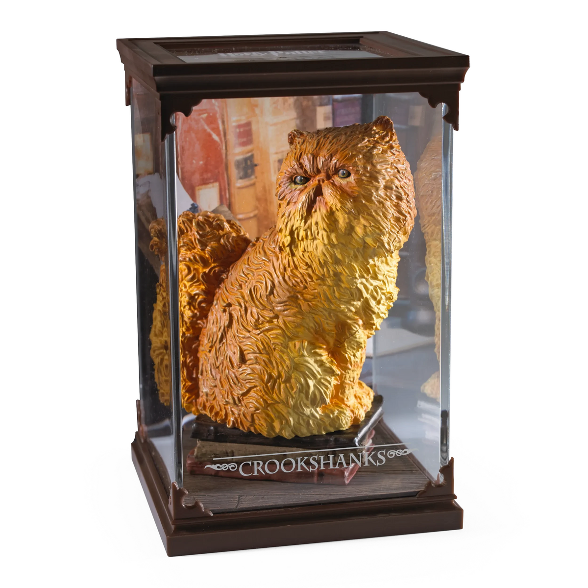 Fans Geek Store Harry Potter Crookshanks collectible figure in a display case with orange fur and flat snout