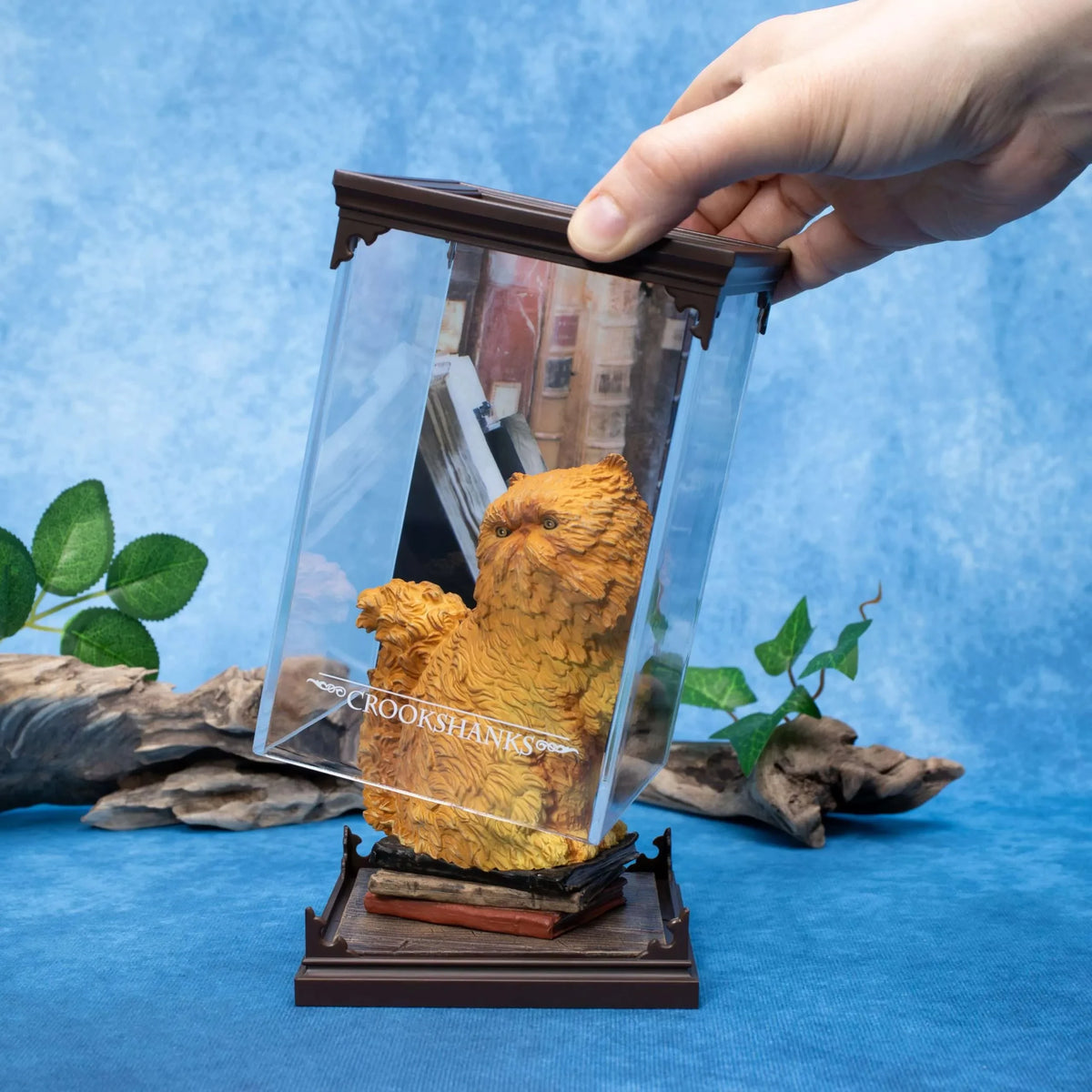 Fans Geek Store Crookshanks collectible figure in a clear display case, featuring a detailed orange Kneazle cat.