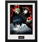 Fans Geek Store Death Note framed poster featuring Light, Misa, and L with a black wooden frame and white matting.