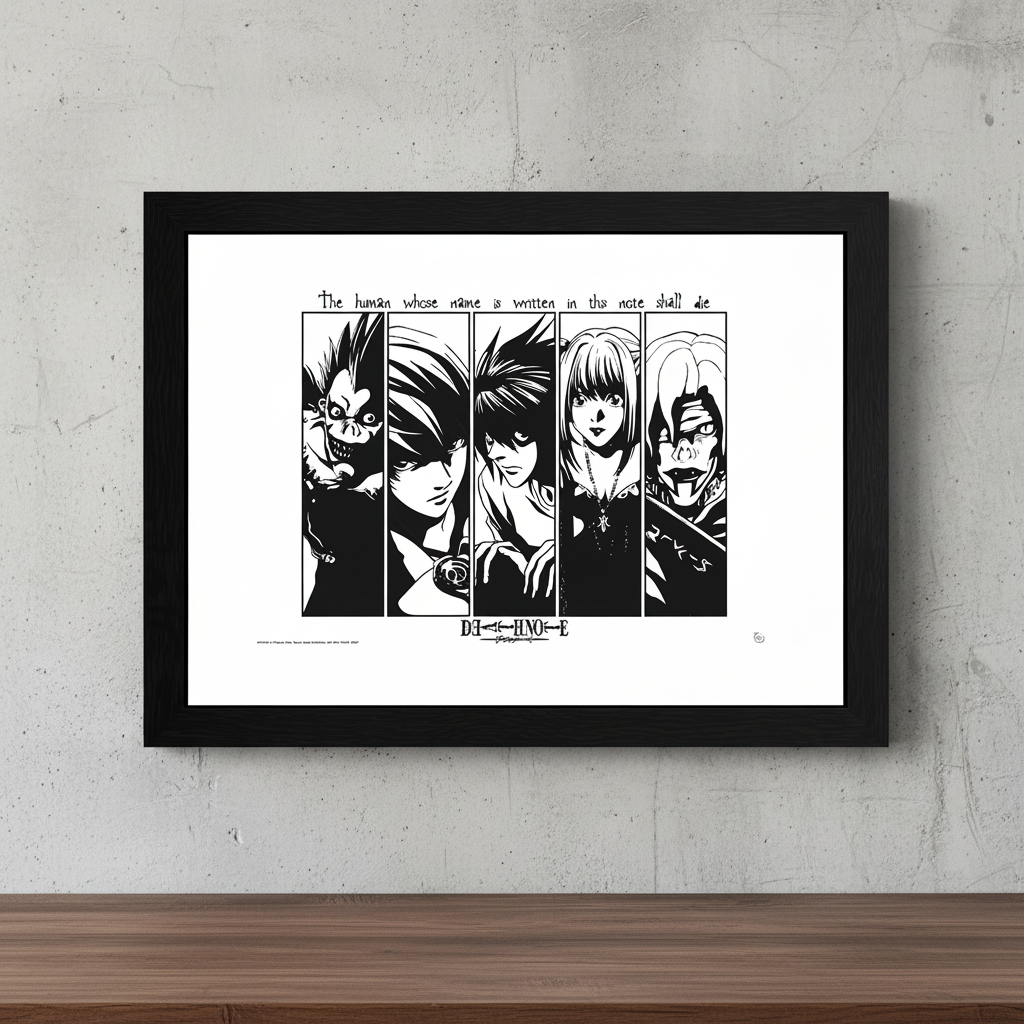 Fans Geek Store Death Note Usual Suspects framed poster featuring Ryuk, Light, L, Misa, and Rem in black and white.