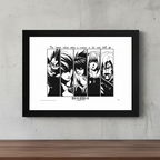 Fans Geek Store Death Note Usual Suspects framed poster featuring Ryuk, Light, L, Misa, and Rem in black and white.