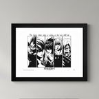Fans Geek Store Death Note Usual Suspects framed poster featuring Ryuk, Light, L, Misa, and Rem in black and white.