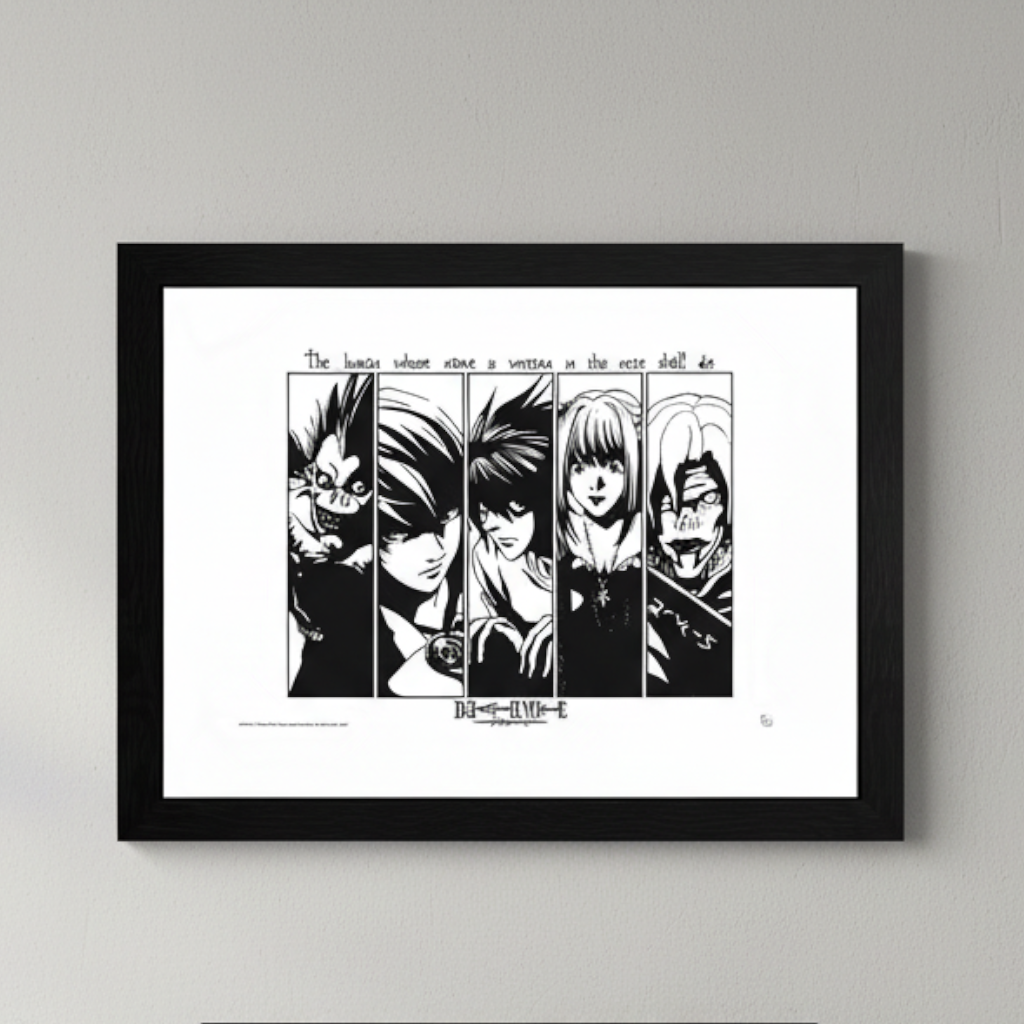 Fans Geek Store Death Note Usual Suspects framed poster featuring Ryuk, Light, L, Misa, and Rem in black and white.