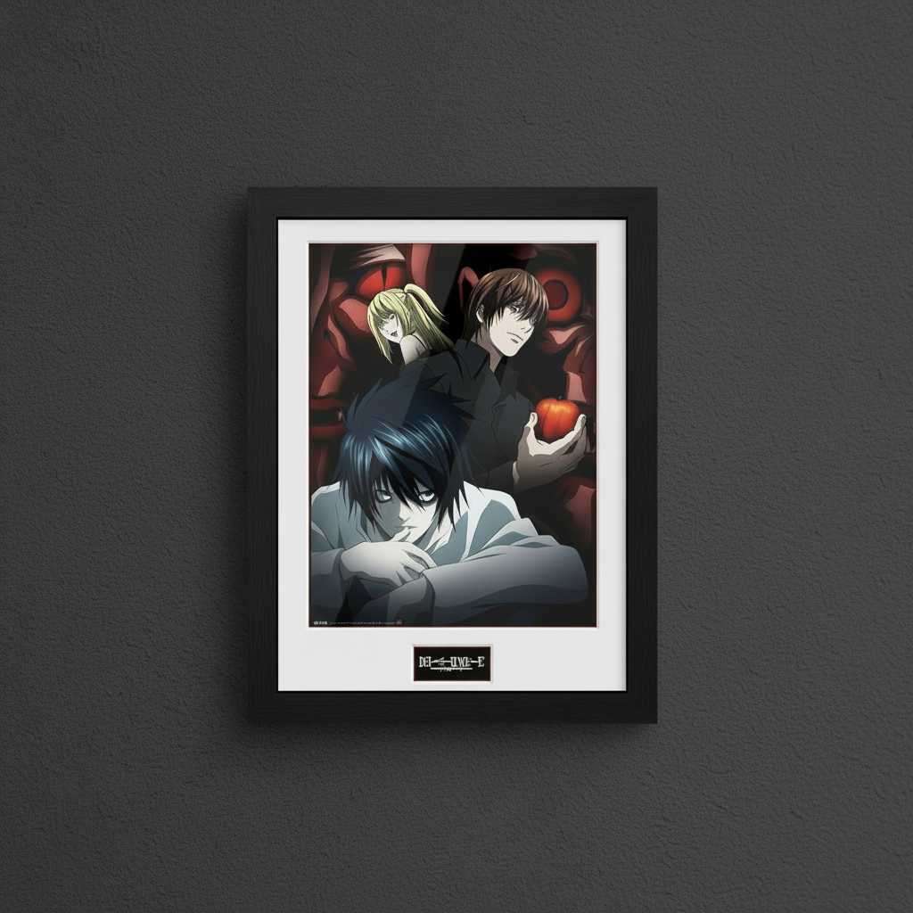 Fans Geek Store Death Note framed poster featuring Light, Misa, and L with a black wooden frame on a dark wall.