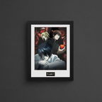 Fans Geek Store Death Note framed poster featuring Light, Misa, and L with a black wooden frame on a dark wall.