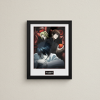 Fans Geek Store Death Note framed poster featuring Light, Misa, and L with a black wooden frame on a neutral wall