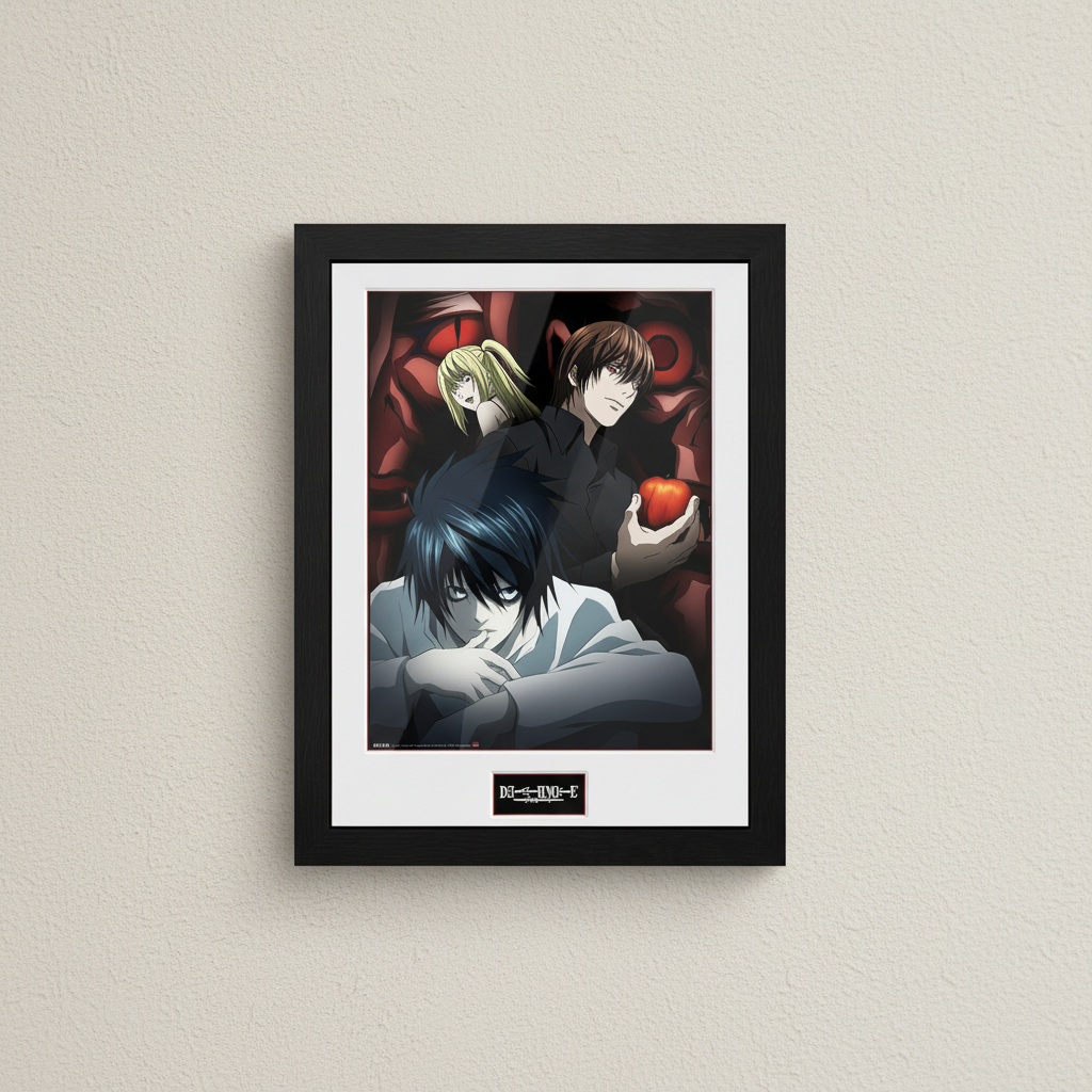 Fans Geek Store Death Note framed poster featuring Light, Misa, and L with a black wooden frame on a neutral wall