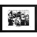 Fans Geek Store Death Note Usual Suspects framed poster featuring Ryuk, Light, L, Misa, and Rem in black and white.