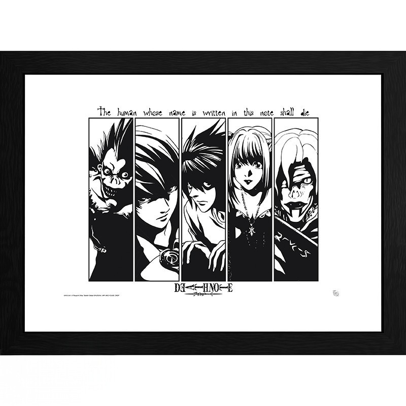 Fans Geek Store Death Note Usual Suspects framed poster featuring Ryuk, Light, L, Misa, and Rem in black and white.