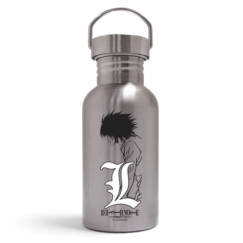 Fans Geek Store Death Note L stainless steel water bottle featuring character L and logo, 500ml capacity