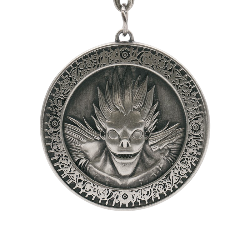 Fans Geek Store Death Note Ryuk metal medallion keychain with intricate engraved details and antique silver finish