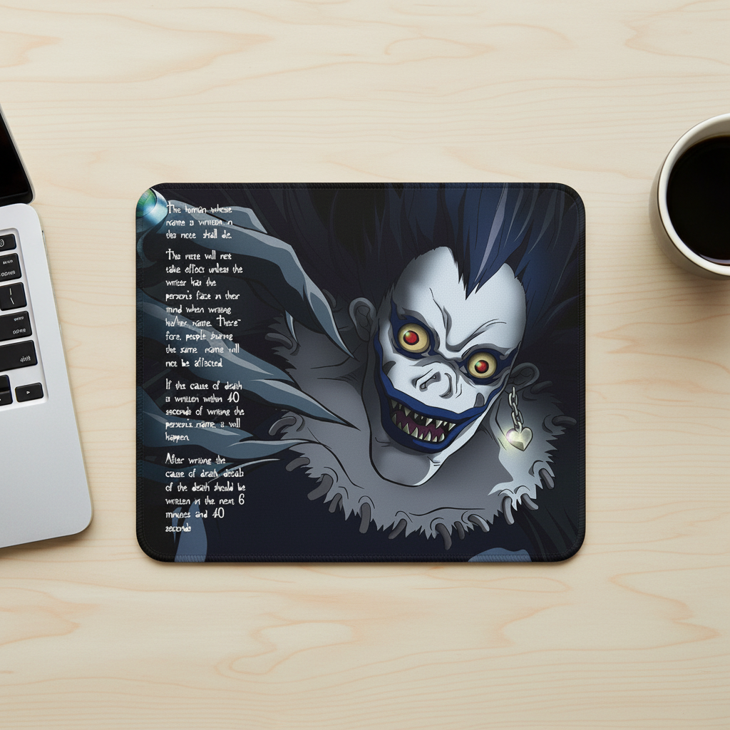 Fans Geek Store Death Note Ryuk mousepad with woven fabric surface and non-slip base on a wooden desk