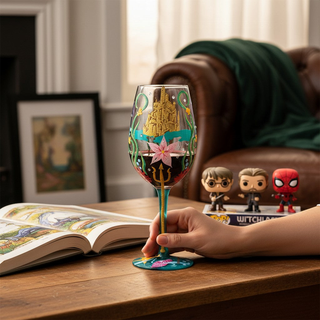Fans Geek Store Disney Ariel stemmed glass with castle artwork, pink flower, and trident. Clear glass, 22.5cm height.