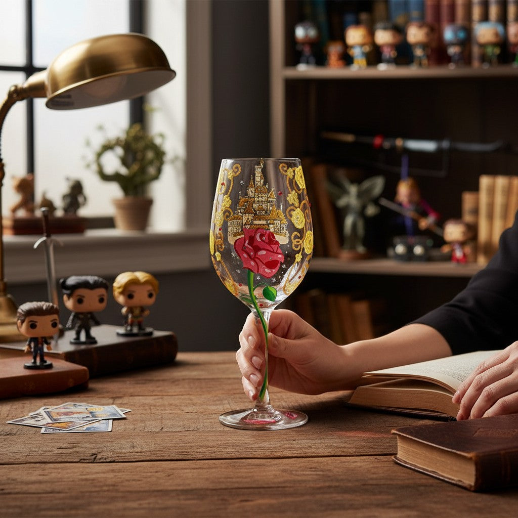 Disney by Lolita stemmed glass featuring Belle's enchanted rose and castle from Beauty and the Beast. Clear glass with gold accents.