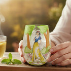 Disney by Lolita stemless glass featuring Snow White in a yellow gown, surrounded by trees and flowers. Hand-painted design.