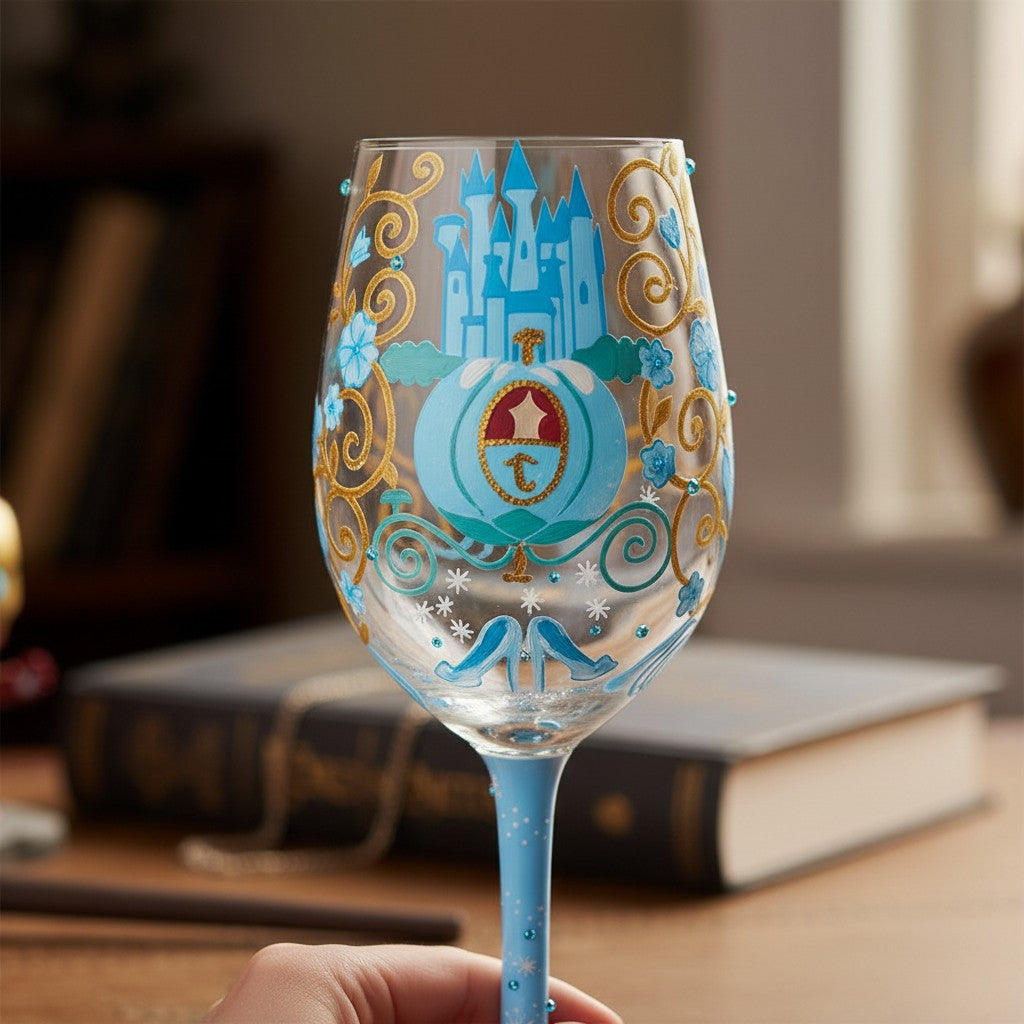 Disney by Lolita Cinderella stemmed glass with carriage and castle artwork, blue and gold details, on a desk.
