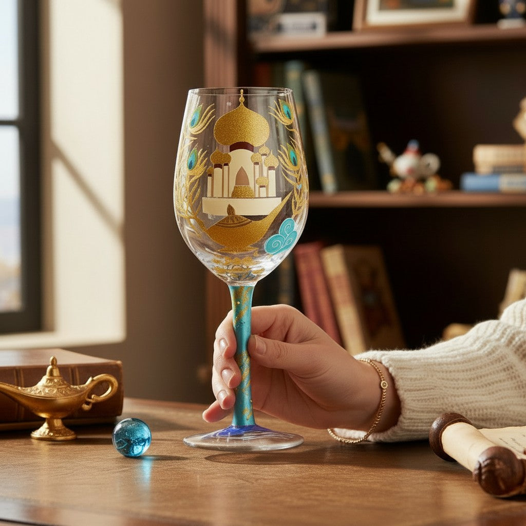 Fans Geek Store Lolita Disney Jasmine stemmed glass with gold palace and magic lamp design, teal stem.